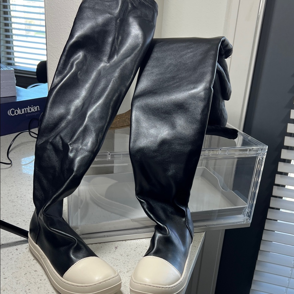 Black Over-the-Knee Leather-Look Boots with Cream Cap Toe